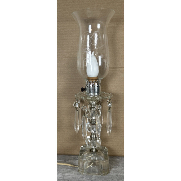 VINTAGE GLASS ROUND HURRICANE TABLE LAMP WITH CRYSTAL‎ PRISMS - Picture 1 of 16